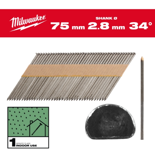 7,4 x 2,8 x 75 mm, Glattschaft Stahl blank, 34° D-Kopf-Nägel für M18FFN